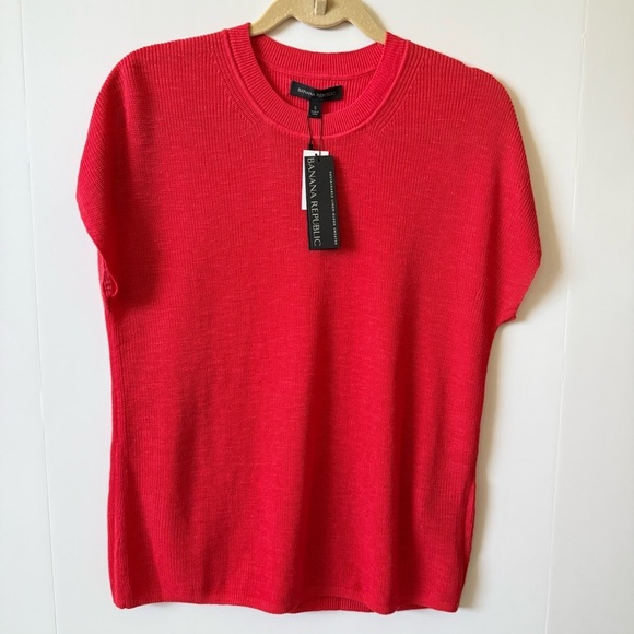 New Banana Republic Linen Blend Knit Top Women Size S Short Sleeve Cherry Red - Picture 1 of 9